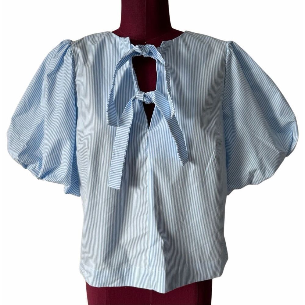 Kate Spade Striped Puff Sleeve Top Small White Blue Bow Tie - Picture 3 of 9